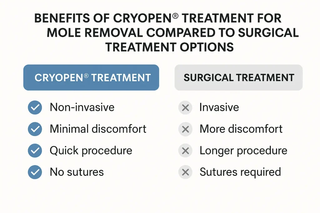 Table to show the benefits of getting moles removed Enfield Town from LA LIPO