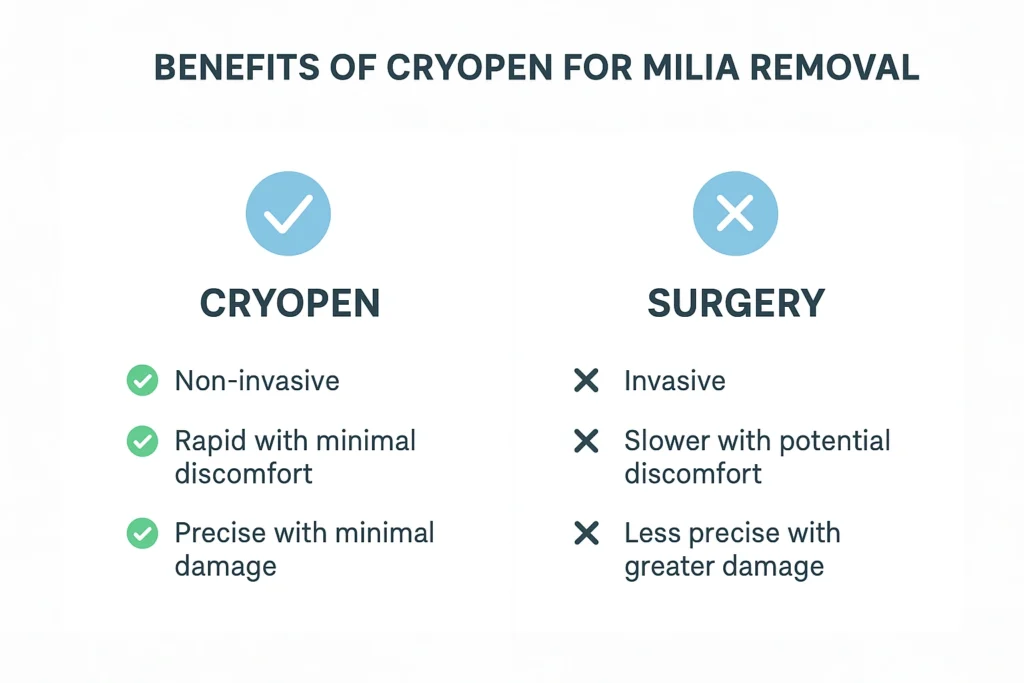 Benefits of cryopen for milia removal Enfield Town compared to surgical treatments.