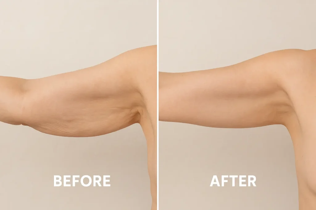 Picture of LA LIPO Enfield Town before and after results of skin tightening treatment on the upper arms.