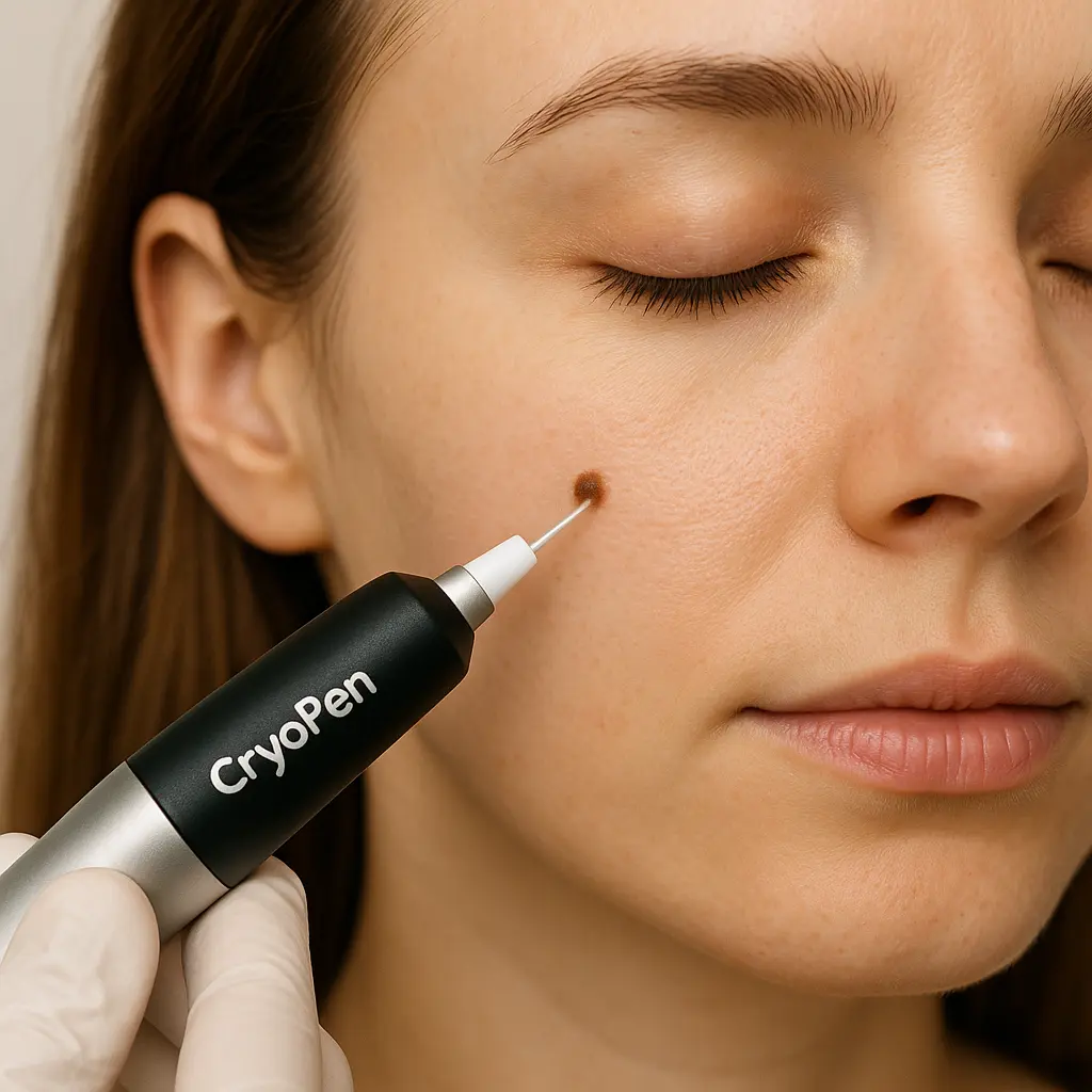 woman receiving facial mole removal Enfield Town using cryopen 