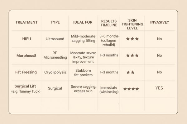 Table showing the comparisons of Skin tightening Enfield Town treatment options.